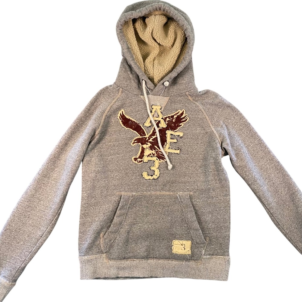 American Eagle Outfitters Womens XS Gray Sherpa Lined Hoodie‎ Eagle Graphic